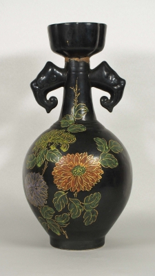Gilt-Painted Vase with Insciption and Polychrome Floral Design