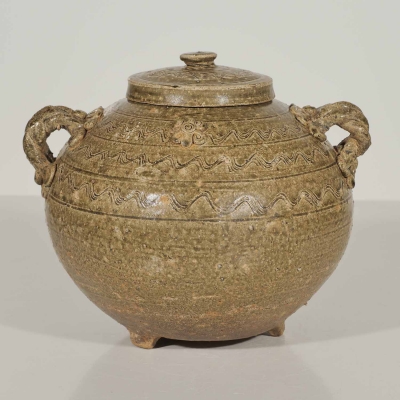 Lidded Tripod Jar with Twisted Handles and Incised Design