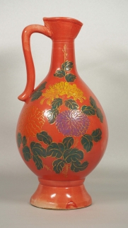 Gilt-Painted Ewer with Insciption and Polychrome Floral Design