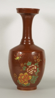 Gilt-Painted Vase with Polychrome Floral and Kids Design
