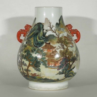 Hu-Form Vase with Scenery and Dragon Handle