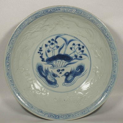 Plate with Mandarin Ducks and Embossed Dragon Design